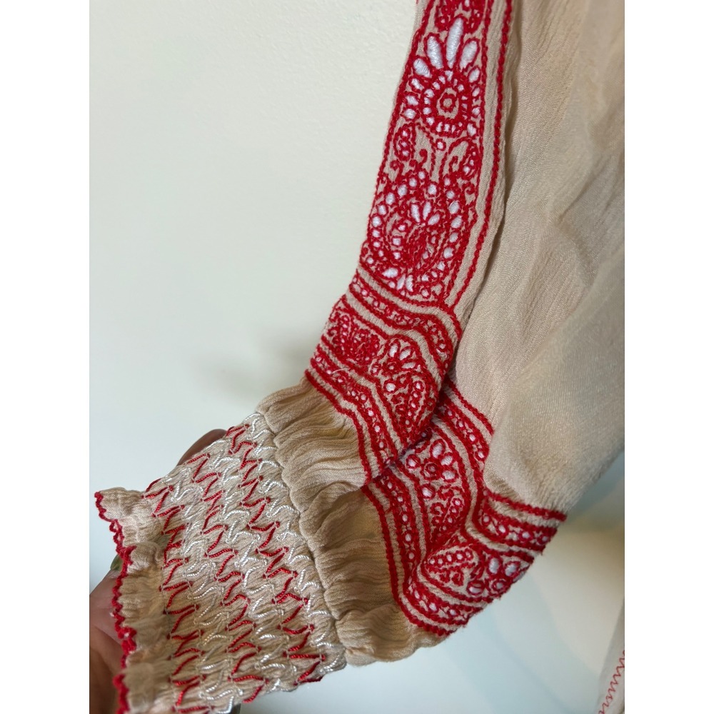 Free People Boho Embroidered Mini Dress Cream Red Tassel XS Peasant Gauze - Picture 4 of 7